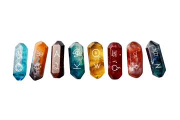 Set of colorful, polished rune stones in a row. Mystical symbols etched on each stone for divination and spiritual guidance.