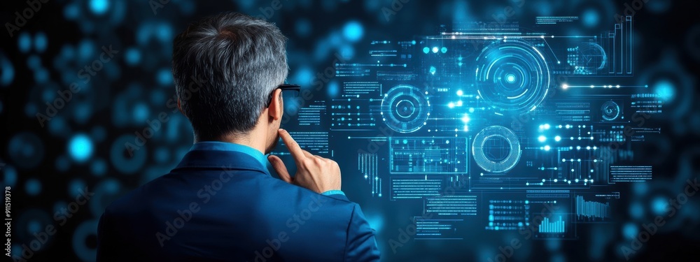 Poster strategy, ai technologist developing machine learning strategies, analyzing data on multiple screens