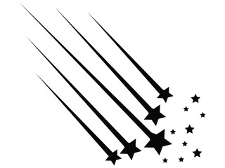Black falling stars icon. Shooting stars icon vector set. Abstract silhouette of shooting star. Meteorite and comet symbols. Flying comet with tail, falling meteor, abstract galaxy element.