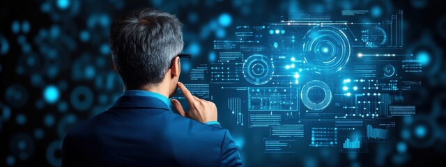 Strategy, AI technologist developing machine learning strategies, analyzing data on multiple screens, focused and determined