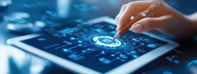 Strategy, Algorithm developer developing algorithm strategies, analyzing data on a tablet, focused and determined