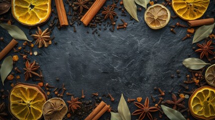 several spices and dried leaves arranged on the edges, on a dark board background, top view,