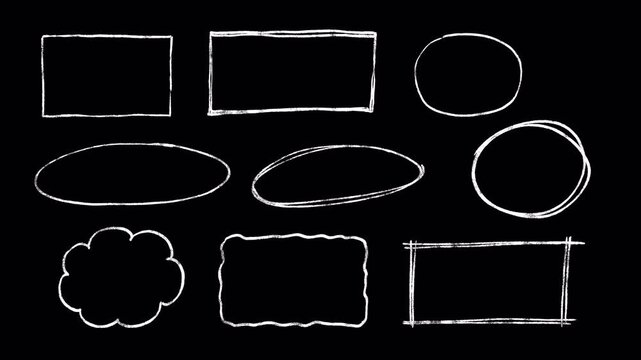 Pack of circles and box lines: Hand-drawn wiggle animation, pencil crayon, rough chalk underline, marks, sketching elements on a transparent background, alpha channel.