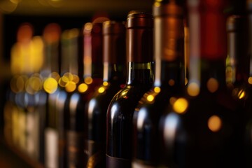 a row of wine bottles, close up, dark background, blurred Generative AI