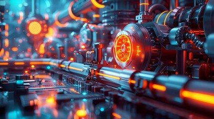 Hightech factory floor with machinery and pipes in various hues of red blue and white
