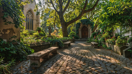 Fototapeta premium Scenic view of a lush garden with benches, trees, and flowering plants near a historic building