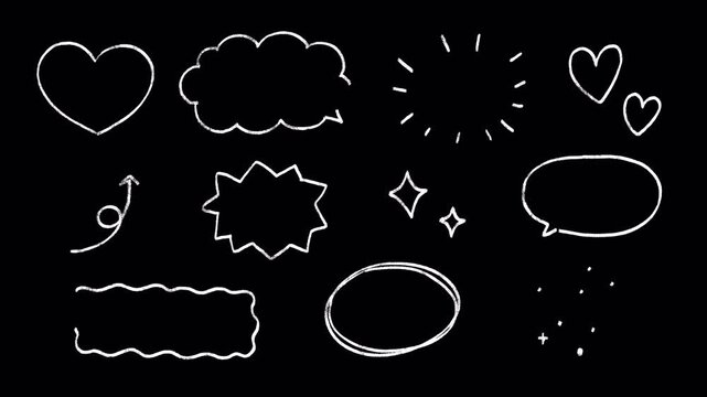 Set of Hand-drawn cute shapes, box lines, and circles: wiggle animation, pencil crayon, rough chalk, arrows, stars, sparkles, heart, sketching elements on a transparent background, alpha channel
