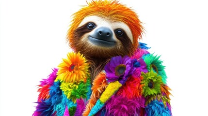 Fototapeta premium A colorful sloth is wearing a multicolored blanket and smiling