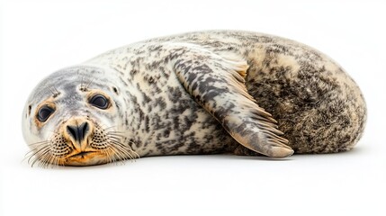A sea lion resting on a white background