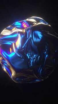 Abstract morphing liquid sphere with iridescent pearl colors.Holographic amorphous metallic blue ball with gold and fuchsia sparkles on a black background.Fluid metal flow simulation.3D vertical loop