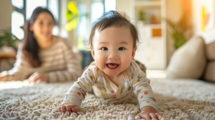 A smiling little baby with his mother on the background blurred background