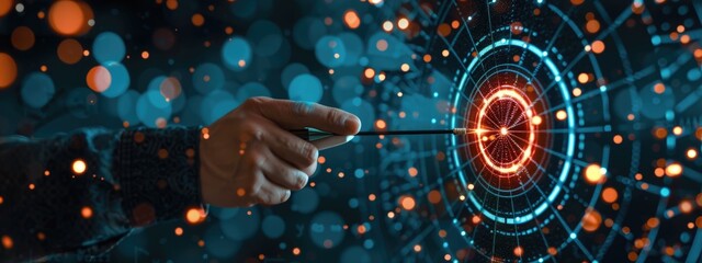 Businessman aims arrow at a virtual target dark view sparkles bokeh