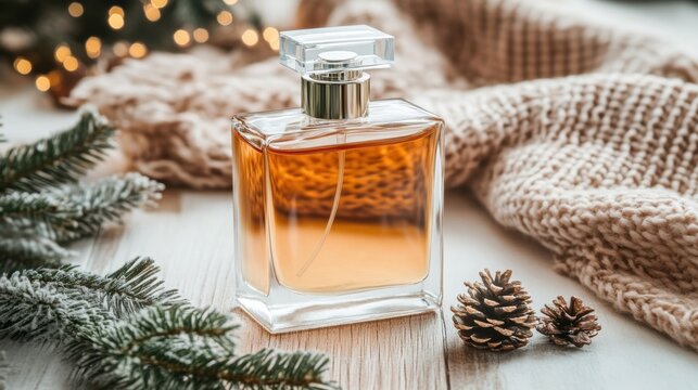 Cozy winter atmosphere with luxury perfume bottle amid festive decorations