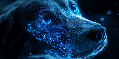 A close-up image of a digital dog glowing with a bright blue hue, featuring detailed and intricate network patterns that evoke a sense of technological wonder.