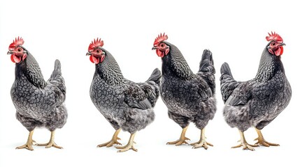 Fototapeta premium A set of images showcasing California gray chickens in different positions, isolated on a white background. Perfect for diverse animal collections.