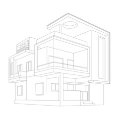 Line art vector illustration with houses, Town real estate property buildings and dwellings thin line vector concept, Real estate architecture, black linear design isolated on white background.