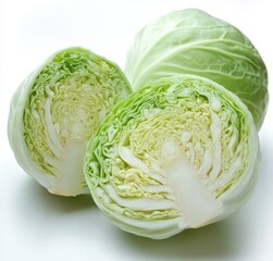 Obraz premium Fresh green cabbage halved showing crisp layers, natural, healthy, vegetable.