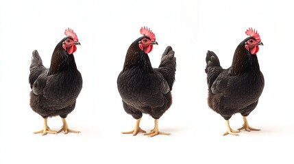 Fototapeta premium Black chicken collection featuring portrait, profile, and standing poses, isolated on a white background. Ideal for animal-themed designs and educational content.