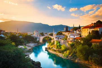 The old bridge and river in city of Mostar