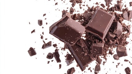 Chocolate bar explosion with pieces and candy chunks, isolated on a white background. Capturing the burst of cocoa and candy, perfect for food-themed designs.