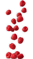 Falling Ripe Raspberries isolated on white background, full depth of field, transparent png background