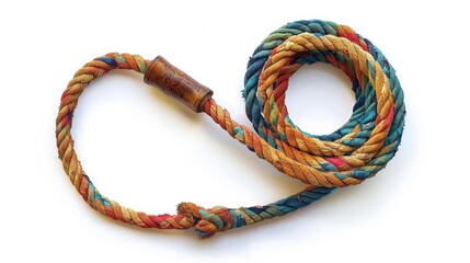 A coiled rope with a wooden handle