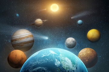 Solar system- Sun, Mercury, Venus, planet Earth, Mars, Jupiter, Saturn, Uranus, Neptune.. Space...