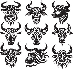 head of a bull Cow face set silhouette, tribal tattoo vector white background tattoo design