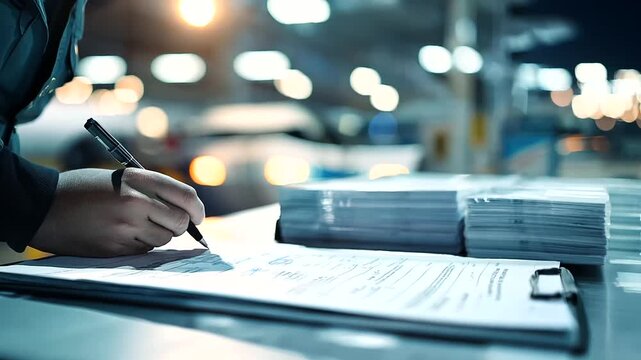 A close-up shot of a cargo airport worker inspecting cargo documents before signing off on the release of goods for loading onto a waiting plane, the thorough verification process ensuring compliance