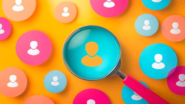 A vibrant human icon in a magnifier glass, surrounded by white icons, illustrating the concept of prioritizing customer focus in CRM
