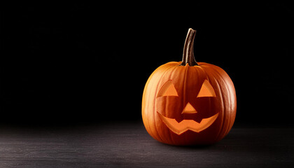 Illuminated Halloween Jack-o'-Lantern Pumpkin with a Menacing Grin on a Dark Background, Capturing the Spooky and Eerie Atmosphere of the Holiday Night