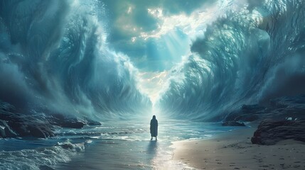 A breathtaking scene of Moses parting the Red Sea with immense force, determined look, water splitting into towering waves, intense lighting effects, intricate details, vibrant colors,