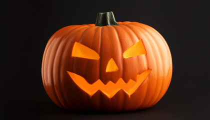 Illuminated Halloween Jack-o'-Lantern Pumpkin with a Menacing Grin on a Dark Background, Capturing the Spooky and Eerie Atmosphere of the Holiday Night