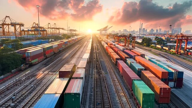 Against the backdrop of a vibrant port city, a modern freight train rumbles along the tracks, its cargo containers laden with imports and exports from around the world