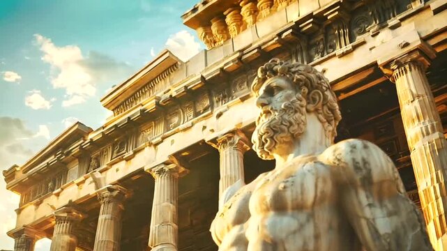 Amidst the grandeur of Greek ancient architecture, a stoic Greek sculpture of a muscular man exudes strength and fortitude, serving as a timeless symbol of courage and inner resolve