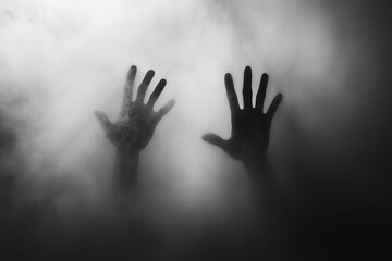 Ghostly hands reaching through foggy abstract background