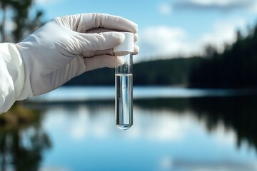Gloved hand holding test tube with water near natural lake