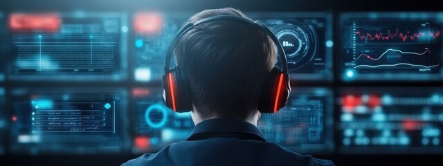 Strategy, Innovator developing AI innovation strategies, analyzing data on multiple screens, focused and determined
