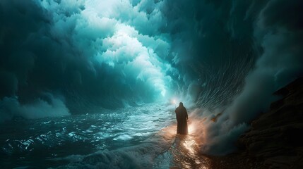 Fototapeta premium A cinematic scene of Moses' glowing staff parting the Red Sea, the path emerging as the waters recede, intense lighting, high detail, vivid colors, realistic textures, epic scale, dramatic atmosphere,