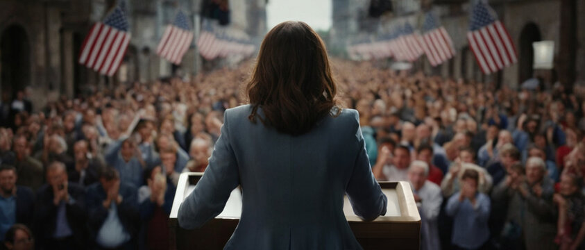A female politician stands at podium, addressing large crowd in an urban setting. The audience, filled with people waving American flags, listens attentively symbolizing national unity. Not real event