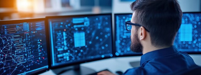 Strategy, Networker developing AI networking strategies, analyzing data on multiple screens, focused and determined