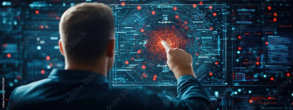 Poster strategy, networker developing ai networking strategies, analyzing data on multiple screens, focused