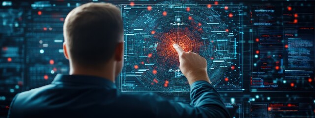 Strategy, Networker developing AI networking strategies, analyzing data on multiple screens, focused and determined