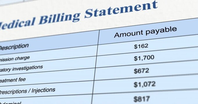 Medical billing statement, document with list of hospital services expenses, treatment invoice close-up, footage