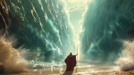A dynamic illustration of Moses raising his staff, parting the Red Sea with towering walls of water on either side, dramatic perspective, intense colors, intricate details, realistic textures,