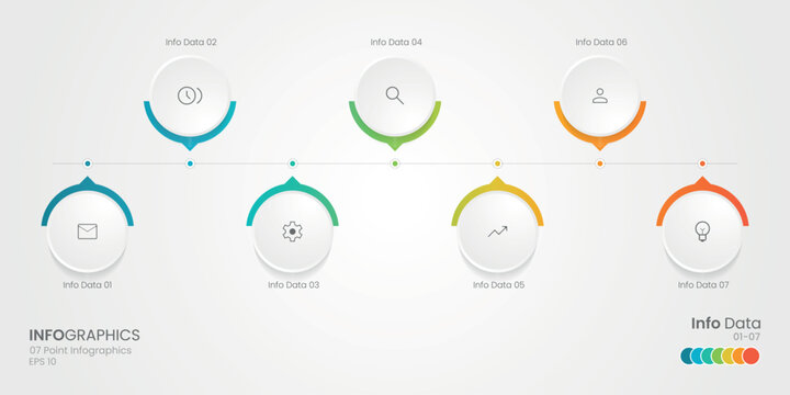 Business minimal Infographics template. 7 steps timeline with, options and marketing icons .Vector linear infographic with seven circle connected elements. Design can be use for presentation.