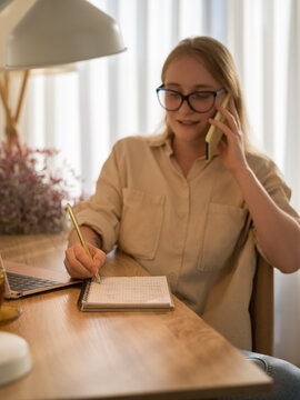 Friendly freelancer talking to client