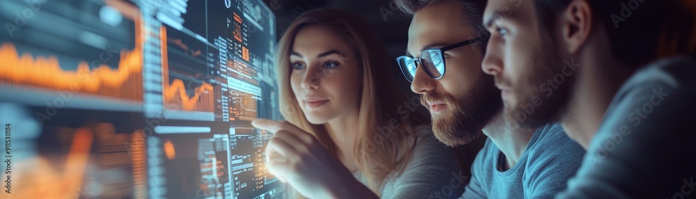 Poster A compelling image of a financial planner guiding a young couple through investment options with a digital interface displaying various financial instruments