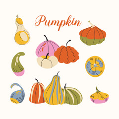 Hand drawn pumpkin vector set. Autumn, fall, thanksgiving and Halloween decoration. Cute pumpkins vintage illustration