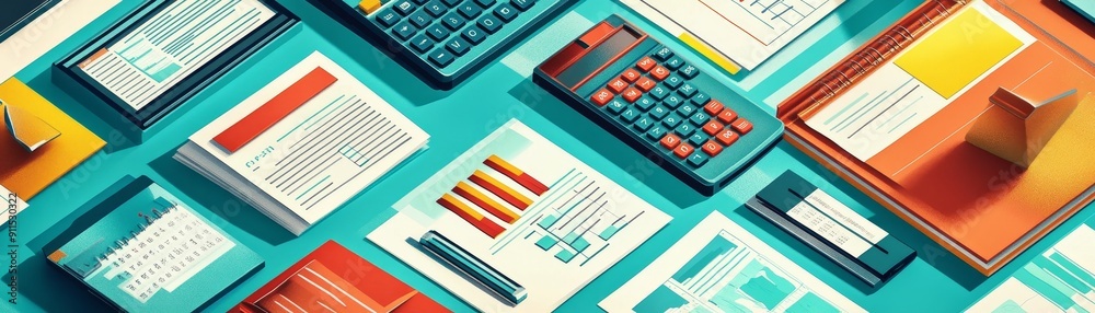 Poster A detailed and colorful illustration of different financial tools like calculators, spreadsheets, and ledgers representing the field of accounting and bookkeeping